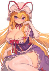  1girl absurdres blonde_hair blush bow breasts choker cleavage corset cross-laced_clothes dress elbow_gloves frilled_dress frills gloves hat hat_ribbon highres large_breasts lipstick long_hair looking_at_viewer makeup mob_cap off_shoulder parted_lips puffy_short_sleeves puffy_sleeves purple_corset purple_dress purple_eyes qiu_ju red_bow red_ribbon ribbon ribbon_choker short_sleeves simple_background sitting solo thighhighs touhou very_long_hair white_background white_gloves white_hat white_thighhighs yakumo_yukari yokozuwari 