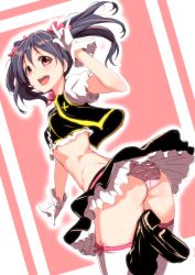 10s 1girl :d ass black_hair blush boots bow clearite double_m/ gloves hair_bow highres looking_at_viewer looking_back love_live! love_live!_school_idol_project m/ no_brand_girls open_mouth panties pantyshot pink_panties red_eyes short_hair skirt smile solo standing thighhighs twintails underwear upskirt white_thighhighs yazawa_nico rating:Sensitive score:40 user:danbooru