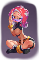  black_footwear breasts cleavage_cutout clothing_cutout glasses medium_breasts nintendo nipples octoling octoling_girl octoling_player_character pink_hair sitting smile smug splatoon_(series) yellow_eyes  rating:Explicit score:11 user:WaterIL