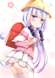  10s 1girl :t ass backpack bad_id bad_pixiv_id bag black_thighhighs blue_eyes blue_hair blunt_bangs blush capelet closed_mouth dragon_girl flying_sweatdrops from_side gradient_hair hair_bobbles hair_ornament hat highres jitome kanna_kamui kobayashi-san_chi_no_maidragon long_hair looking_at_viewer looking_back low_twintails multicolored_hair no_panties purple_hair randoseru school_hat silver_hair skirt solo tail tailam thighhighs thighs twintails white_skirt zettai_ryouiki  rating:Questionable score:40 user:danbooru