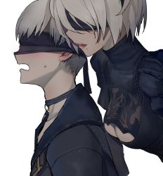 1boy 1girl blindfold blonde_hair blush breast_press breasts breasts_on_another&#039;s_back choker cleavage cleavage_cutout clothing_cutout commentary dress frilled_dress frills from_side hairband high_collar jacket leaning_in lipstick makeup medium_breasts mole mole_under_mouth nier_(series) nier:automata open_mouth shirt short_hair simple_background sweat sweatdrop upper_body walzrj whispering white_background 2b_(nier:automata) 9s_(nier:automata) rating:Sensitive score:26 user:danbooru
