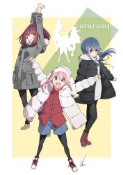  3girls absurdres arms_up black_coat black_leggings black_pants blue_eyes blue_hair blue_shorts boots border brown_footwear brown_hair closed_mouth coat commentary_request copyright_name flower grey_coat highres kagamihara_nadeshiko leggings long_sleeves looking_at_viewer multiple_girls open_mouth pants pink_hair red_flower red_shirt shima_rin shirt shorts signature smile stretching sweater toki_ayano v-shaped_eyebrows white_border white_coat white_sweater yasu_(pixiv) yellow_eyes yurucamp 