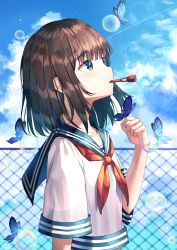  1girl artist_name blue_eyes blush brown_hair bubble blowing_bubbles bug butterfly butterfly_on_hand chain-link_fence cloud collarbone crop_top day fence flat_chest hand_up highres insect looking_up medium_hair mouth_hold neckerchief original outdoors revision ruda_(ruda_e) sailor_collar school_uniform serafuku shirt shirt_overhang short_sleeves solo sunlight upper_body white_shirt  rating:Sensitive score:4 user:danbooru
