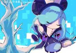 1girl bad_id bad_twitter_id black_gloves black_hat black_robe blue_background blue_hair buttons closed_eyes collar commentary covered_mouth disembodied_hand emma_03333 fingerless_gloves francisca_(kirby) full_body gloves hashtag-only_commentary hat heart heart_print kirby:_star_allies kirby_(series) long_hair nintendo robe sitting sitting_on_branch snowing solo very_long_hair white_collar