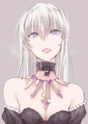  1girl bad_id bad_pixiv_id bare_shoulders black_dress breasts collar dress fang fangs jewelry lock long_hair looking_at_viewer necklace original pointy_ears purple_eyes solo tongue tongue_out touma_kisa upper_body vampire white_hair  rating:Sensitive score:60 user:danbooru
