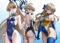  1girl absurdres animal_ears aqua_bow aqua_bowtie ass black_gloves blonde_hair blue_archive blue_eyes blue_gloves blue_halo blue_leotard blue_thighhighs bow bowtie breasts covered_navel detached_collar earpiece elbow_gloves fake_animal_ears fingerless_gloves gloves gradient_background halo highleg highleg_leotard highres indy_k large_breasts leotard long_hair looking_at_viewer maid_headdress medium_breasts multiple_views official_alternate_costume playboy_bunny rabbit_ears short_hair single_thighhigh strapless strapless_leotard thighhighs toki_(blue_archive) toki_(bunny)_(blue_archive) white_wrist_cuffs wrist_cuffs 