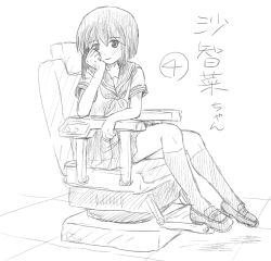  1girl armchair blush chair closed_mouth greyscale hair_between_eyes hand_up kneehighs loafers looking_at_viewer monochrome neckerchief on_chair original pleated_skirt sailor_collar school_uniform serafuku shirt shoes short_sleeves simple_background sitting skirt smile socks solo takapi_(chimee_house) translation_request white_background 