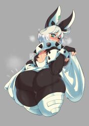  1girl animal_ears ass blush breasts clothes_lift curvy elphelt_valentine green_eyes guilty_gear heart hexprinxess highres huge_ass large_breasts pantylines rabbit_ears short_hair skirt skirt_lift solo tagme thick_thighs thighs white_hair  rating:Sensitive score:73 user:savingsgoldmedal