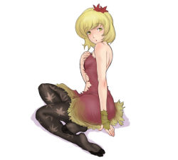 1girl aki_shizuha alternate_costume backless_dress backless_outfit bare_back bare_shoulders black_pantyhose blonde_hair brown_pantyhose dress feet female_focus hair_ornament hand_on_another&#039;s_chest hand_on_own_chest kuro_suto_sukii leaf leaf_hair_ornament leaf_on_head maple_leaf object_on_head open_mouth pantyhose patterned patterned_legwear print_pantyhose short_hair simple_background sitting soles solo strapless strapless_dress toes touhou white_background yellow_eyes yokozuwari rating:Sensitive score:15 user:danbooru