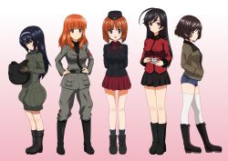10s 5girls ahoge akiyama_yukari anchovy anchovy_(cosplay) anchovy_(girls_und_panzer) ankle_boots anzio_military_uniform arms_behind_back bad_id bad_pixiv_id belt black_belt black_eyes black_footwear black_hair black_hat black_jacket black_legwear black_neckwear black_shirt black_skirt blue_shorts blunt_bangs boots brown_eyes brown_hair brown_jacket closed_mouth commentary cosplay cup cutoffs darjeeling darjeeling_(cosplay) darjeeling_(girls_und_panzer) denim denim_shorts dress_shirt drinking_glass emblem epaulettes flatfield from_side garrison_cap girls_und_panzer gradient_background green_jumpsuit grey_jacket grey_pants hairband hands_in_pockets hands_on_own_hips hat head_tilt helmet highres holding holding_cup holding_helmet isuzu_hana jacket jumpsuit katyusha katyusha_(cosplay) katyusha_(girls_und_panzer) kay_(girls_und_panzer) kay_(girls_und_panzer)_(cosplay) knee_boots kuromorimine_military_uniform light_frown light_smile long_hair long_sleeves looking_at_viewer messy_hair military military_hat military_uniform miniskirt multiple_girls necktie nishizumi_miho open_mouth orange_eyes orange_hair pants parted_lips pink_background pleated_skirt pravda_military_uniform red_jacket red_shirt red_skirt reizei_mako sam_browne_belt saucer saunders_military_uniform shirt short_hair short_jumpsuit short_shorts shorts skirt smile socks st._gloriana&#039;s_military_uniform standing takebe_saori tank_helmet teacup thighhighs uniform white_hairband white_legwear zipper