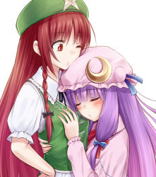 2girls blue_eyes blush bow braid grabbing_another&#039;s_breast breasts brown_hair crescent closed_eyes female_focus grabbing hair_bow hat height_difference hong_meiling hug long_hair long_sleeves looking_down multiple_girls one_eye_closed open_mouth patchouli_knowledge purple_hair red_hair star_(symbol) suzushiro_yukari touhou twin_braids wink yuri rating:Sensitive score:19 user:danbooru