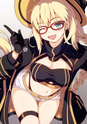  1girl absurdres aesc_(9th_anniversary)_(fate) aesc_(fate) blonde_hair blue_eyes blush braid breasts cleavage fate/grand_order fate_(series) glasses hat highleg highleg_panties highres large_breasts long_hair long_sleeves looking_at_viewer official_alternate_costume one_eye_closed open_mouth panties peisuto shorts smile solo thighs twin_braids underwear witch_hat 