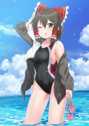  1girl :o absurdres alternate_costume black_eyes black_hoodie black_one-piece_swimsuit blue_sky blush bow breasts brown_hair cloud commentary_request competition_swimsuit cookie_(touhou) covered_navel cowboy_shot day frilled_bow frills gnzy goggles hair_between_eyes hair_bow hair_tubes hakurei_reimu highres holding holding_goggles holding_towel hood hoodie looking_at_viewer maru_(cookie) medium_breasts one-piece_swimsuit one_eye_closed open_mouth outdoors partially_submerged red_bow short_hair sky solo sparkle standing swimsuit touhou towel water 