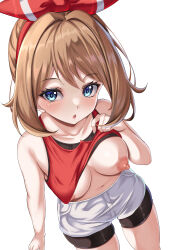 1girl absurdres bandana bare_arms bike_shorts bike_shorts_under_shorts blue_eyes bow_hairband breasts brown_hair clothes_lift collarbone creatures_(company) dutch_angle game_freak hairband highres large_breasts lifting_own_clothes looking_at_viewer may_(pokemon) navel nintendo nipples one_breast_out open_mouth parapetto pokemon pokemon_oras red_hairband red_shirt shirt shirt_lift short_hair shorts sleeveless sleeveless_shirt solo white_background white_shorts rating:Questionable score:66 user:danbooru