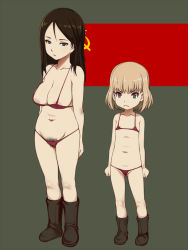 10s 2girls age_difference arms_behind_back bare_shoulders bikini blonde_hair boots breasts brown_hair cleavage closed_mouth e10 flat_chest girls_und_panzer gluteal_fold hammer_and_sickle katyusha_(girls_und_panzer) loli long_hair looking_at_viewer micro_bikini midriff multiple_girls navel nonna_(girls_und_panzer) partially_visible_vulva pubic_hair pussy sagging_breasts soviet_flag standing swimsuit rating:Explicit score:84 user:Domestic_Importer