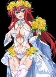  1girl ahoge artist_request black_background blue_eyes blush bouquet breasts bride cleavage detached_sleeves dress flower garter_straps head_wreath high_school_dxd holding jewelry large_breasts long_hair long_sleeves looking_at_viewer navel necklace one-piece_swimsuit open_mouth red_hair rias_gremory showgirl_skirt slingshot_swimsuit smile standing swimsuit teeth thighhighs wedding_dress white_dress white_one-piece_swimsuit white_thighhighs wide_sleeves  rating:Sensitive score:17 user:Alejandro_09