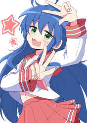  1girl :3 :d absurdres ahoge aikawa_ryou arm_up blue_hair blush collarbone commentary_request double_w green_eyes hair_between_eyes highres izumi_konata long_hair looking_at_viewer lucky_star navel neckerchief open_mouth pink_neckerchief pleated_skirt red_sailor_collar red_skirt ryouou_school_uniform sailor_collar school_uniform serafuku shirt simple_background skirt smile solo star_(symbol) very_long_hair w white_background white_shirt 