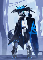  32zzz animal_ears asymmetrical_clothes asymmetrical_dress black_dress black_gloves black_hair black_rock_shooter black_rock_shooter_(character) black_rock_shooter_beast blue_eyes claws dress elbow_gloves flaming_eye floating_crown gloves highres holding holding_sword holding_weapon huge_weapon long_hair navel scar scar_on_stomach stitched_torso stitches sword tail twintails uneven_twintails weapon wolf_tail 