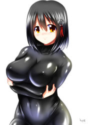  1girl arms_under_breasts artist_name black_bodysuit black_hair blush bodysuit breasts brown_eyes closed_mouth covered_erect_nipples covered_navel haguro_(kancolle) hair_between_eyes hair_ornament highres impossible_bodysuit impossible_clothes kantai_collection kogawawaki large_breasts looking_at_viewer short_hair simple_background solo sweatdrop tearing_up upper_body white_background  rating:Questionable score:15 user:flamingjaws234