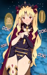  1girl asymmetrical_legwear asymmetrical_sleeves between_breasts black_leotard black_thighhighs blonde_hair blush bow breasts cape detached_collar earrings ereshkigal_(fate) fate/grand_order fate_(series) gold_trim hair_bow hard-translated highres infinity_symbol jewelry leotard long_hair looking_at_viewer medium_breasts open_mouth parted_bangs red_bow red_cape red_eyes single_sleeve single_thighhigh skull solo spine thighhighs thighs third-party_edit tiara two_side_up unadon uneven_legwear uneven_sleeves  rating:Questionable score:17 user:draga