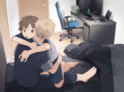  2boys 50off barefoot bedroom black_eyes black_hair blonde_hair can chair computer desk door feet gaming_chair highres hug laptop male_focus manga_(object) monitor multiple_boys on_bed on_lap open_mouth original pants shirt short_sleeves shorts shota sitting spike_piercing straddling swivel_chair toes trash_can upright_straddle yaoi  rating:Sensitive score:58 user:romantic_colors