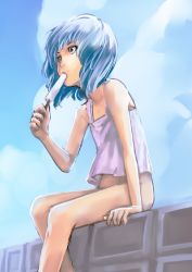  1girl bare_legs bare_shoulders blue_hair bottomless camisole cloud day female_focus flat_chest food hamu_no_jin highres holding ice_cream loli outdoors popsicle short_hair sitting sky solo tank_top 
