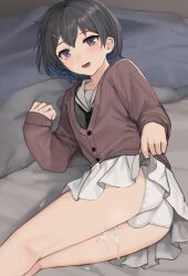  bar_censor bare_legs bulge censored clothes_lift crossdressing cum cum_on_body erection looking_at_viewer lying male_focus multicolored_hair on_bed on_side original penis purple_eyes shota skirt skirt_lift sunaba_(nczd5875) sweatdrop thigh_sex thighs yaoi 