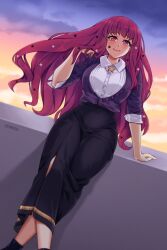  1girl black_skirt commentary crossed_legs facial_mark feet_out_of_frame fire_emblem fire_emblem_engage hand_up highres jacket long_hair long_skirt long_sleeves looking_at_viewer nintendo outdoors pink_eyes purple_jacket red_hair shirt skirt smile solo star_(symbol) symoca very_long_hair white_shirt yunaka_(fire_emblem)  rating:General score:4 user:danbooru