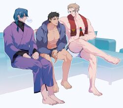  3boys absurdres ao_isami bara bare_pectorals black_hair blonde_hair facial_hair highres humanization large_pectorals legs_together lewis_smith llld_(2ldk1241) looking_ahead male_focus multiple_boys muscular muscular_male pectorals short_hair shorts sideburns_stubble sitting stubble superbia_(bravern)_(personification) thick_eyebrows yaoi yuuki_bakuhatsu_bang_bravern 