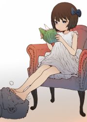  1boy 1girl armchair barefoot book bow chair dress expressionless feet foot_on_another&#039;s_face foot_worship hair_bow highres loli monochrome multitasking original ponsuke_(pon00000) reading recolor recolored resized short_hair sitting toes upscaled  rating:Explicit score:127 user:lil_buck