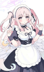  1girl angel_wings apron black_dress blue_archive blush breasts cleavage crescent crescent_pin dress feathered_wings frilled_apron frills halo highres large_breasts long_hair looking_at_viewer maid maid_apron maid_headdress mika_(blue_archive) parted_lips pink_hair pink_halo puffy_short_sleeves puffy_sleeves sateto_(user_knrf2332) short_sleeves simple_background solo two_side_up white_apron white_background white_wings wings yellow_eyes 