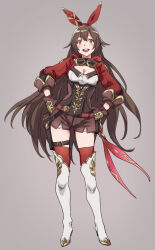  1girl amber_(genshin_impact) belt black_belt blush boots breasts brown_eyes brown_gloves brown_hair brown_shorts cleavage commentary full_body genshin_impact gloves goggles goggles_around_neck grey_background hair_ribbon hands_on_own_hips high-waist_shorts high_heel_boots high_heels leaning_to_the_side long_hair looking_at_viewer medium_breasts minato_fumi red_belt red_ribbon ribbon shorts shrug_(clothing) smile solo thigh_belt thigh_boots thigh_strap thighhighs very_long_hair white_thighhighs 