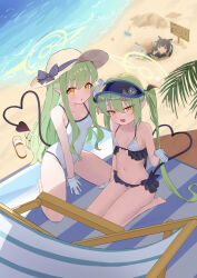  2girls :d absurdres arm_behind_back arm_support beach between_legs bikini blue_archive blush character_doll day demon_girl demon_tail dodo24850918 expressionless fang frilled_bikini frills from_above full_body gloves green_hair green_halo hair_between_eyes halo hand_between_legs hand_up hat hat_ribbon heart heart_tail highres hikari_(blue_archive) long_hair looking_at_viewer looking_up multiple_girls navel nozomi_(blue_archive) ocean one-piece_swimsuit open_mouth outdoors ribbon serika_(blue_archive) shiroko_(blue_archive) siblings sisters sitting smile spaghetti_strap spread_legs staring stomach sun_hat swimsuit tail thighs translation_request twins twintails very_long_hair visor_cap white_bikini white_gloves white_one-piece_swimsuit yellow_eyes 