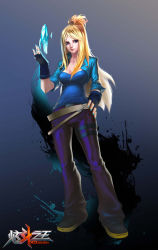  1girl belt blonde_hair blue_eyes boots breasts claire_fox cleavage copyright_name cropped_jacket denim fingerless_gloves gloves hand_on_own_hip high_ponytail ice_crystal jeans lips long_hair multiple_belts nail_polish official_art pants shirt solo taut_clothes taut_shirt tencent_qq xuan_dou_zhi_wang 