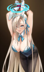 1girl animal_ears armpits arms_up asuna_(blue_archive) asuna_(bunny)_(blue_archive) black_background blonde_hair blue_archive blue_bow blue_bowtie blue_eyes blue_halo blue_leotard blue_ribbon bow bowtie breasts brown_background brown_pantyhose cleavage damow_(myway83522) detached_collar fake_animal_ears gradient_background hair_over_one_eye hair_ribbon halo highres large_breasts leotard long_hair md5_mismatch mole mole_on_breast official_alternate_costume open_mouth pantyhose playboy_bunny rabbit_ears restrained ribbon solo standing very_long_hair 