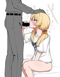  1boy 1girl between_legs blonde_hair blue_archive blush bottomless brown_eyes censored fellatio from_side hair_ribbon halo hand_between_legs headpat heavy_breathing highres long_hair low_twintails oral print_shirt ribbon saliva shirt short_sleeves simple_background sitting t-shirt tongue tongue_out toriyarou twintails white_background yoshimi_(band)_(blue_archive) yoshimi_(blue_archive)  rating:Explicit score:74 user:danbooru