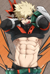 1boy abs arms_behind_head artist_name bakugou_katsuki belt ben-day_dots blonde_hair boku_no_hero_academia come_hither costume explosive eye_contact gauntlets grenade groin head_down highres kuroshinki licking_lips looking_at_another looking_at_viewer male_focus midriff muscular muscular_male naughty_face navel nipples open_mouth pectorals red_eyes screentones seductive_smile short_hair skin_tight smile solo spiked_hair teeth tongue tongue_out two-tone_background undressing watermark rating:Questionable score:15 user:danbooru