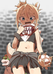  1boy 1girl :d absurdres black_choker black_sarong blonde_hair blue_eyes blurry blurry_background blush bow bowser bowsette_jr. bracelet breasts brick_wall chan_seong choker commentary_request cowboy_shot crown depth_of_field eyes_visible_through_hair grey_theme hair_between_eyes high_ponytail highres holding holding_crown jewelry looking_at_another looking_at_viewer looking_down mario_(series) mini_crown navel nintendo open_mouth ponytail raised_eyebrows red_hair sarong sharp_teeth small_breasts smile solo_focus spiked_bracelet spiked_choker spiked_shell spikes super_crown sweat tail tail_wagging teeth thick_eyebrows tight_clothes turtle_shell upper_teeth_only waist_bow  rating:Sensitive score:75 user:danbooru