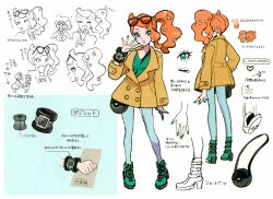  1girl :o absurdres bag between_breasts boots breasts brown_coat character_sheet coat concept_art creatures_(company) eyelashes eyewear_on_head full_body game_freak gloria_(pokemon) green_eyes green_footwear green_nails hair_ornament handbag heart heart_hair_ornament highres long_hair long_sleeves medium_breasts multiple_views nail_polish nintendo official_art open_mouth orange_hair pants partially_colored pokemon pokemon_swsh scan side_ponytail smile sonia_(pokemon) strap_between_breasts sunglasses translation_request 