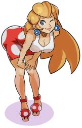  1girl bare_shoulders bent_over blonde_hair blue_eyes breasts cleavage earrings highres jewelry large_breasts lips long_hair mario_(series) necklace nintendo one_eye_closed princess_peach simple_background skirt smile solo splashbrush white_background  rating:Sensitive score:70 user:danbooru