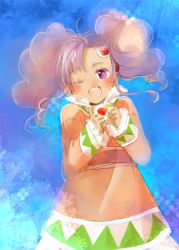  00s 1girl ahinibo blue_background dress heart heart_hands meredy_(tales) one_eye_closed pink_dress purple_eyes purple_hair smile solo tales_of_(series) tales_of_eternia twintails wink 