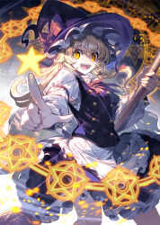  1girl album_cover apron black_skirt black_vest blonde_hair blush bow braid breasts broom cover dress gloves hat hat_bow highres holding holding_broom kirisame_marisa long_hair long_sleeves looking_at_viewer magic open_mouth shirt side_braid single_braid skirt smile solo standing star_(symbol) touhou vest waist_apron white_apron witch_hat yellow_eyes zounose 