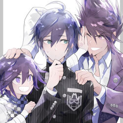 3boys ahoge anger_vein annoyed aqua_eyes arm_belt belt black_jacket black_scarf black_sleeves blue_hair buttons chain checkered_clothes checkered_scarf closed_mouth coat coat_partially_removed collarbone collared_jacket commentary_request crest danganronpa_(series) danganronpa_v3:_killing_harmony double-breasted eyelashes facial_hair false_smile fighting fingernails goatee grin hair_between_eyes hand_on_another&#039;s_arm hand_on_another&#039;s_cheek hand_on_another&#039;s_face hand_on_another&#039;s_shoulder hand_on_own_chin height_difference high_collar jacket layered_sleeves long_sleeves looking_at_another male_focus momota_kaito multiple_boys nervous oma_kokichi one_eye_closed open_clothes open_jacket outside_border pillarboxed pinstripe_jacket pinstripe_pattern pocket purple_coat purple_eyes purple_hair purple_sleeves saihara_shuichi scarf shirt simple_background sleeves_past_wrists smile spiked_hair torn_clothes torn_scarf two-tone_scarf u_u_ki_u_u unmoving_pattern upper_body v-shaped_eyebrows vertical-striped_sleeves white_background white_belt white_jacket white_scarf white_shirt white_sleeves 