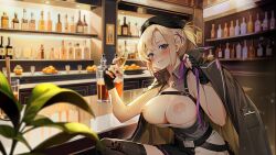  1girl alcohol aqua_eyes ark_re:code blonde_hair breasts champagne game_cg highres large_breasts nipples solo  rating:Explicit score:5 user:Erogon