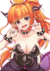 1girl ahoge armlet armpits bare_shoulders black_leotard black_nails blonde_hair blunt_bangs bow bowsette bowsette_(cosplay) bracelet breasts brown_hairband claw_pose cleavage collar collarbone commentary_request cosplay crown diagonal-striped_bow dragon_girl dragon_horns dragon_tail earrings fang fingernails gem hair_intakes hairband hands_up highres hololive horn_bow horn_ornament horns jewelry kiryu_coco large_breasts leotard long_fingernails long_hair looking_at_viewer mario_(series) multicolored_eyes multicolored_hair nail_polish new_super_mario_bros._u_deluxe nintendo open_mouth orange_hair pointy_ears ponytail purple_eyes ralf red_eyes shiny_clothes sidelocks simple_background skin_fang smile solo spiked_armlet spiked_bracelet spiked_collar spiked_shell spikes strapless strapless_leotard streaked_hair striped striped_bow tail turtle_shell upper_body very_long_hair virtual_youtuber white_background rating:Sensitive score:36 user:danbooru