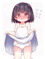 1girl black_hair blush bow bow_panties clothes_lift dress dress_lift embarrassed female_focus flying_sweatdrops gluteal_fold lifting_own_clothes loli looking_at_viewer miria_(mamamamave) open_mouth original panties red_eyes short_hair solo sundress tears thighs underwear white_dress white_panties rating:Sensitive score:58 user:danbooru