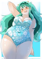  1girl breasts cleavage cone_horns covered_navel floral_print green_hair highres horns large_breasts lum orange_eyes plump solo swimsuit thick_thighs thighs toyishiki_shizuoka twintails urusei_yatsura wide_hips  rating:Sensitive score:5 user:danbooru