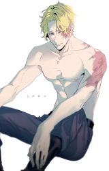  1boy abs black_pants blonde_hair character_name closed_mouth collarbone eyes_visible_through_hair hands_on_own_legs highres looking_to_the_side male_focus muscular nipples niro one_piece pants sabo_(one_piece) scar short_hair simple_background sitting solo topless_male white_background 