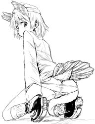  1girl ass feathers female_focus full_body garrison_cap greyscale hat head_wings looking_back military military_uniform monochrome mozu_(peth) panties raisa_pottgen short_hair solo strike_witches tail underwear uniform white_background wings witches_of_africa world_witches_series  rating:Sensitive score:12 user:danbooru