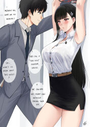  1boy 1girl armpits belt black_bra black_eyes black_hair black_necktie black_skirt blue_archive blue_archive_the_animation blush bra bra_visible_through_clothes breasts bright_pupils brown_belt buttons collared_shirt commentary dress_shirt english_text formal grey_pants grey_suit hair_ornament halo hand_in_pocket hetero highres kabedon large_breasts long_hair necktie office_lady pants pencil_skirt red_eyes rio_(blue_archive) sensei_(blue_archive) sensei_(blue_archive_the_animation) shirt shirt_tucked_in short_hair short_sleeves signature single_sidelock skirt smirk standing straight_hair suit sweat symbol-only_commentary underwear white_pupils white_shirt wing_collar xter 